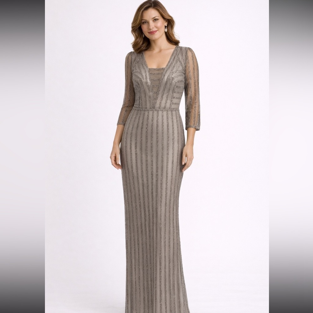 Adrianna Papell beaded illusion long sleeves long gown